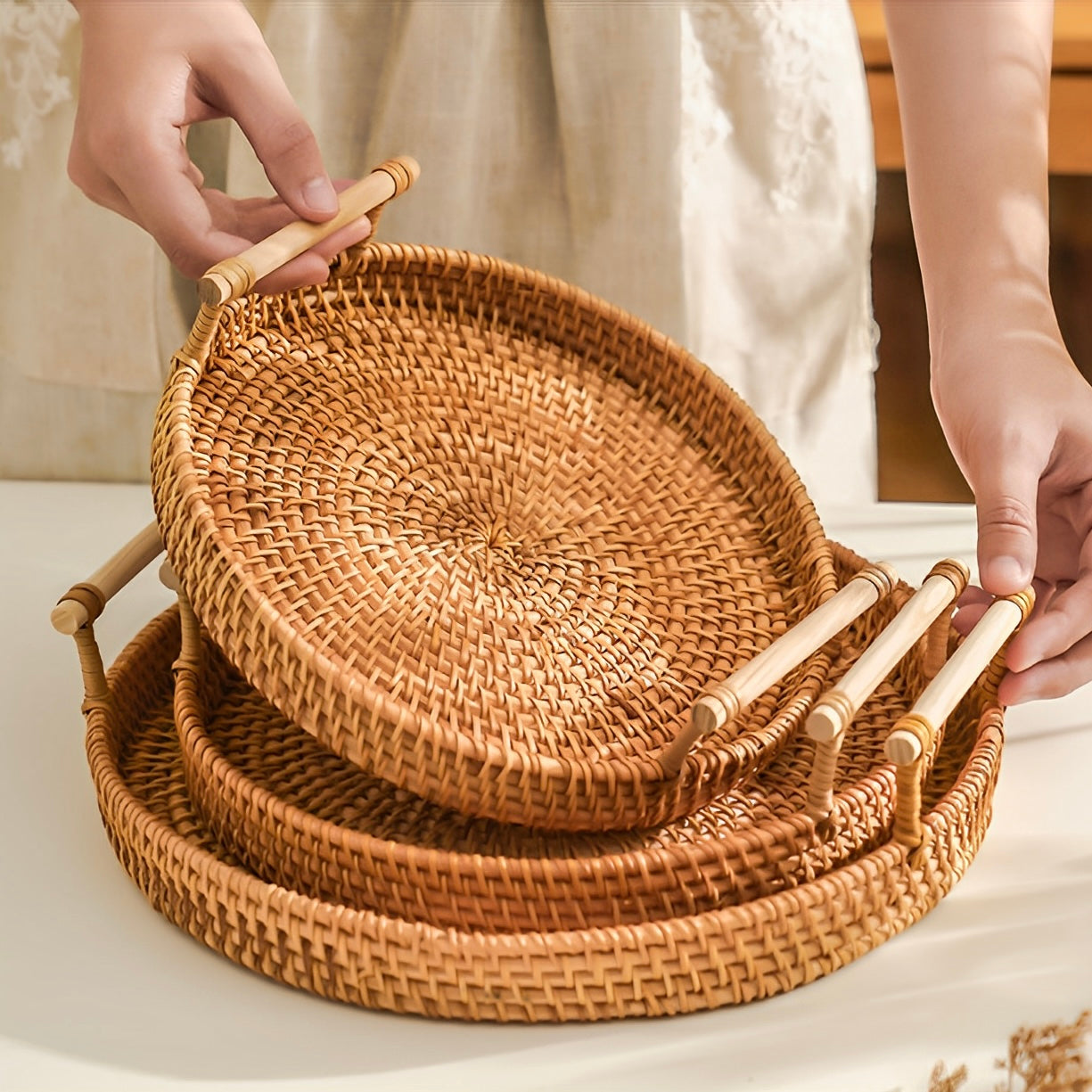 Cesta de Armazenamento com Alça de Madeira