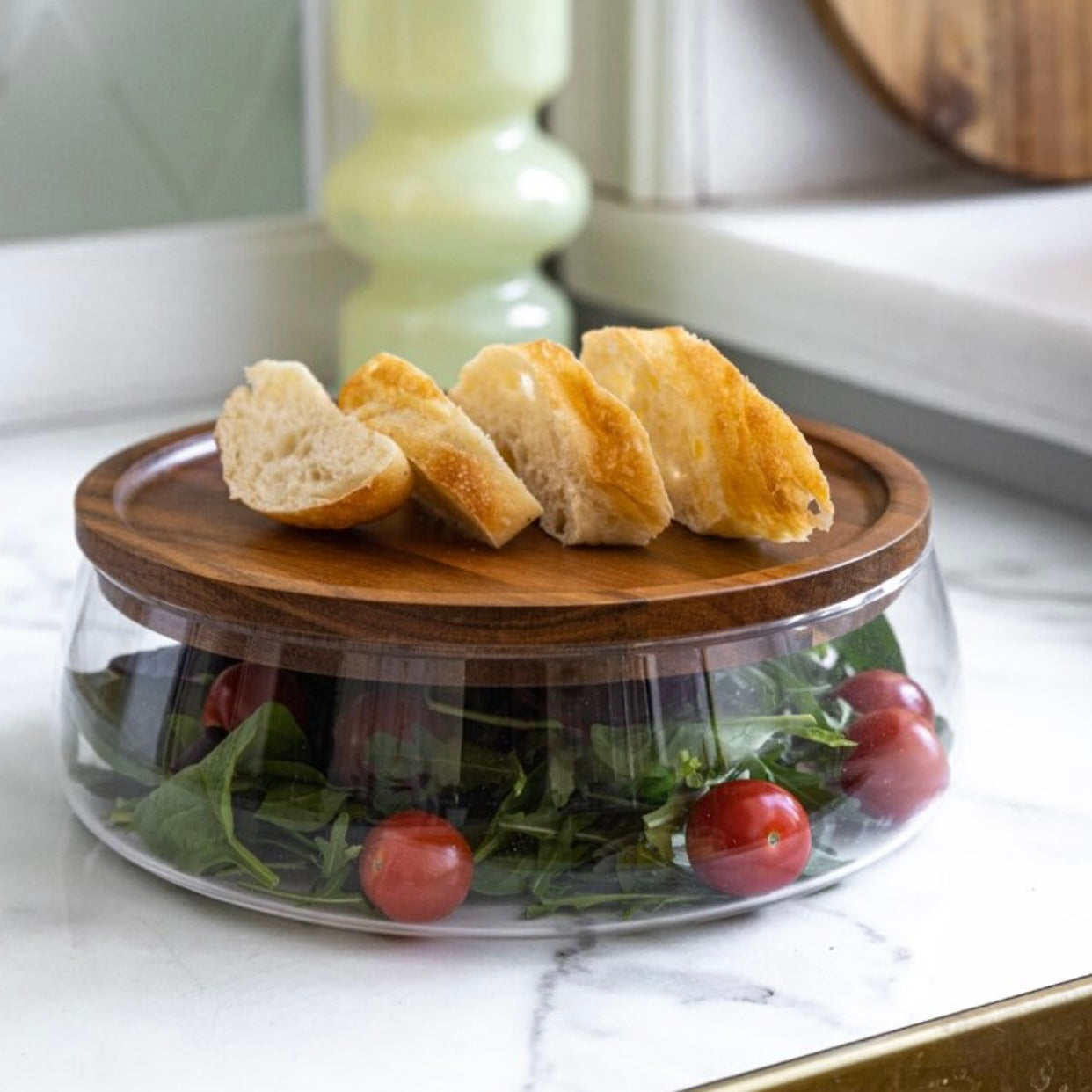 Suporte de Salada com Tampa de Madeira e Vidro
