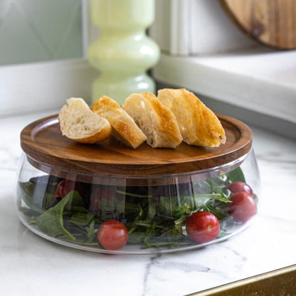 Suporte de Salada com Tampa de Madeira e Vidro